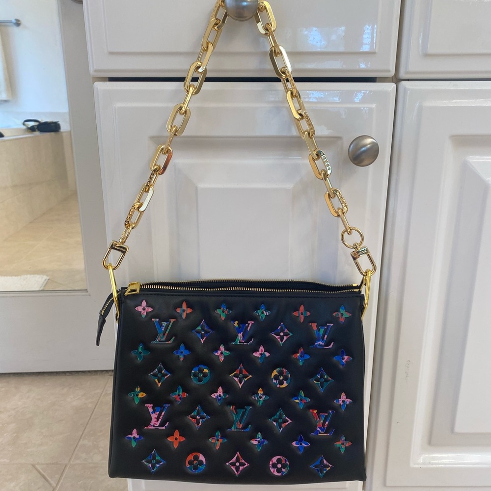 Black, and multi color bag with gold chain
